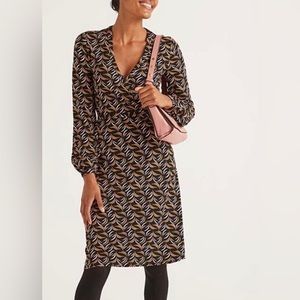 Boden Elodie Wrap Dress Long Sleeve Jersey Black Pink Gold Floret Print Size 10L